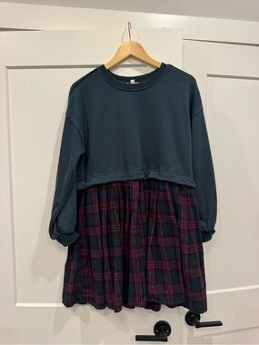 Entro Womens Dark Sweatshirt Dress Red Plaid Skirt Attached Heart Back Design